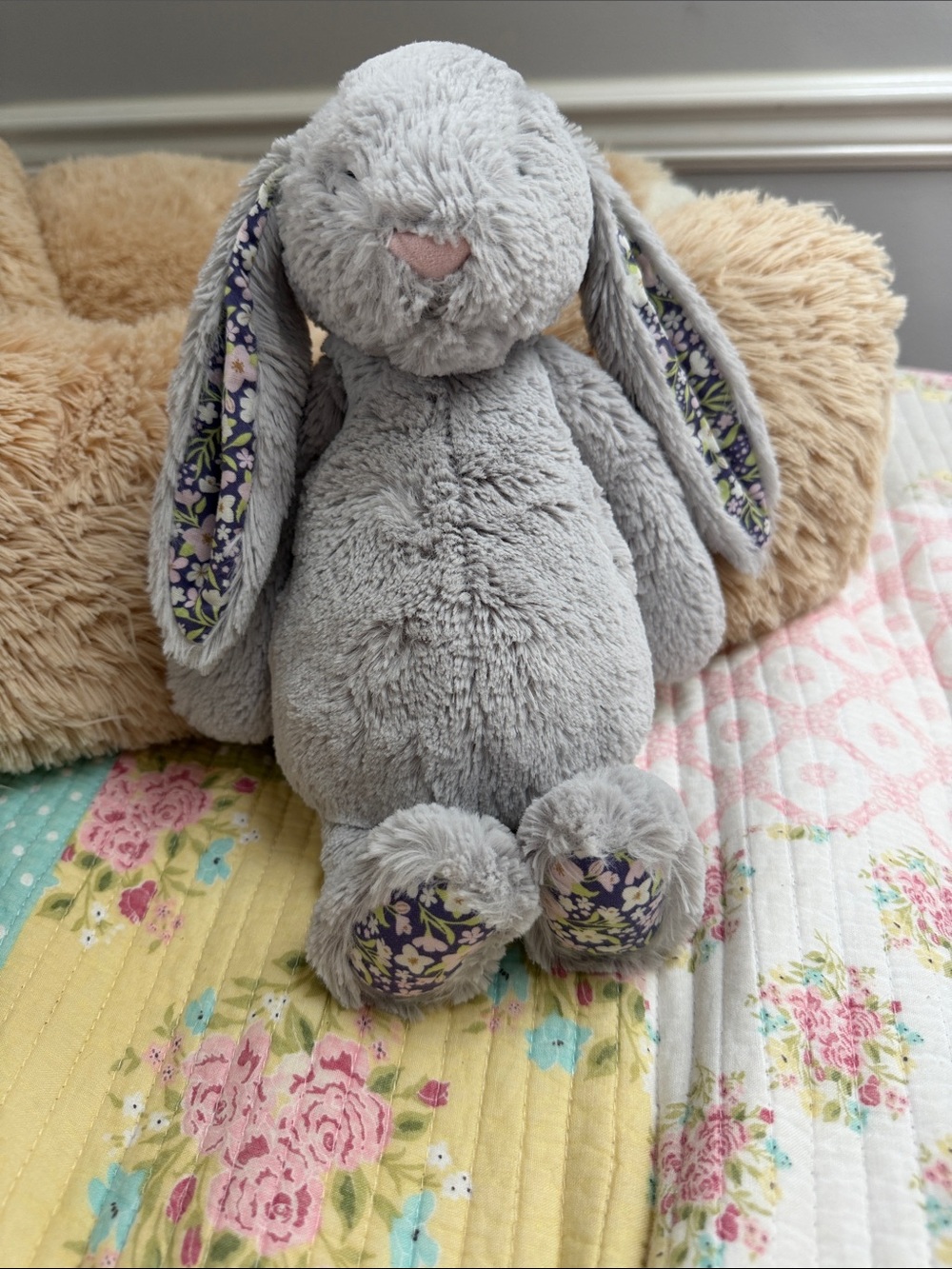 Jellycat Gray Bunny with Floral-Patterned Ears and Paws